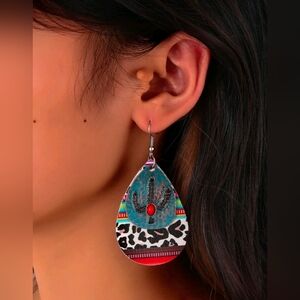 Bohemian Teardrop Earrings with Red and Blue Accents